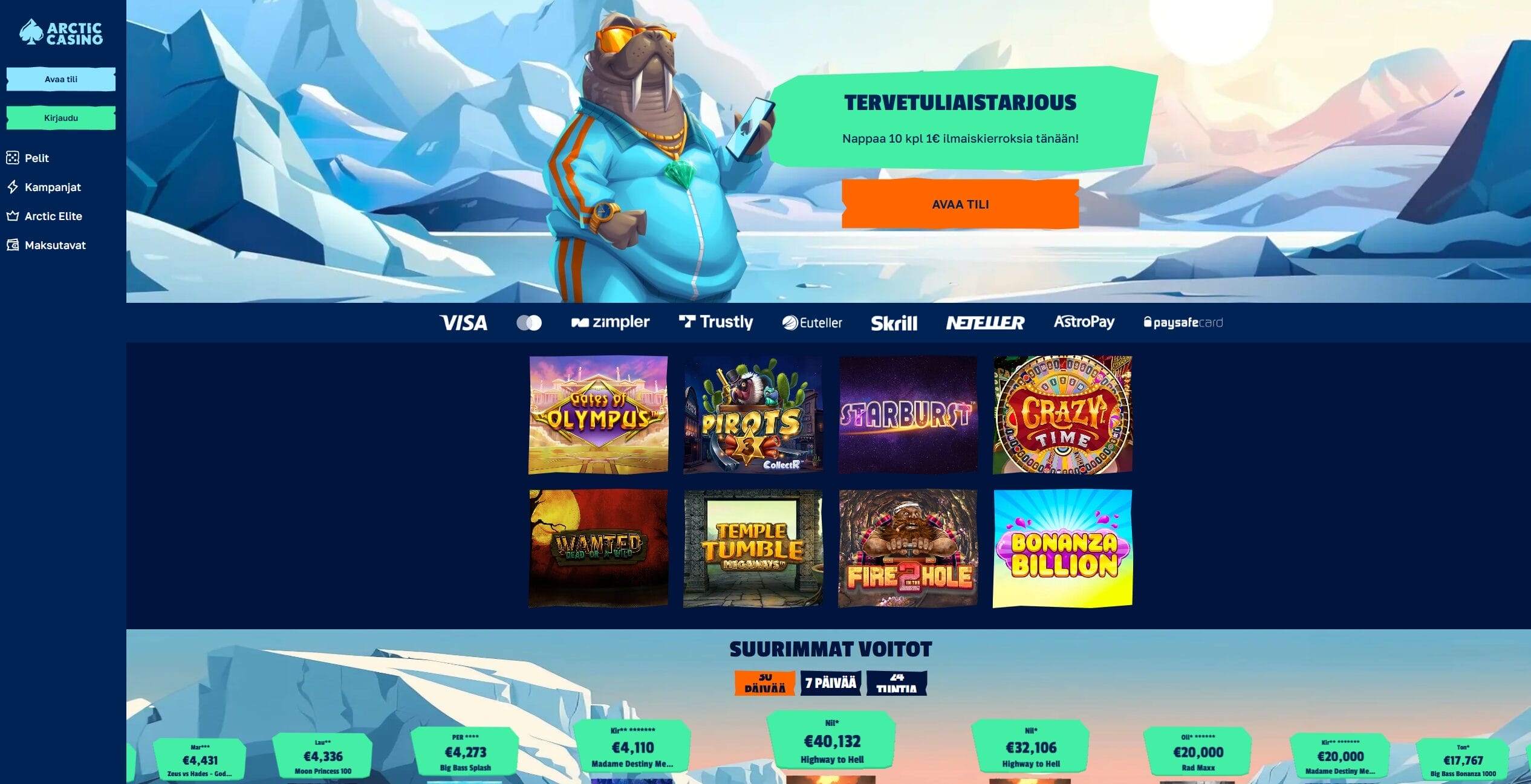 Arctic nettikasinon ulkoasu