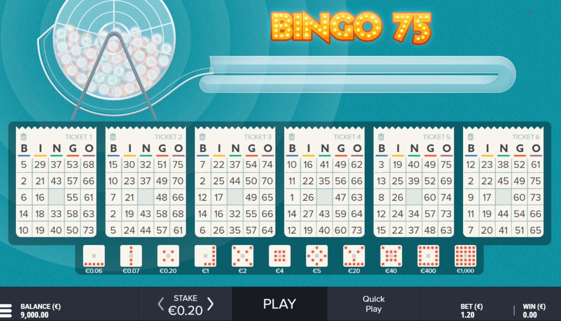 Bingo 75 pelin aloitusruutu