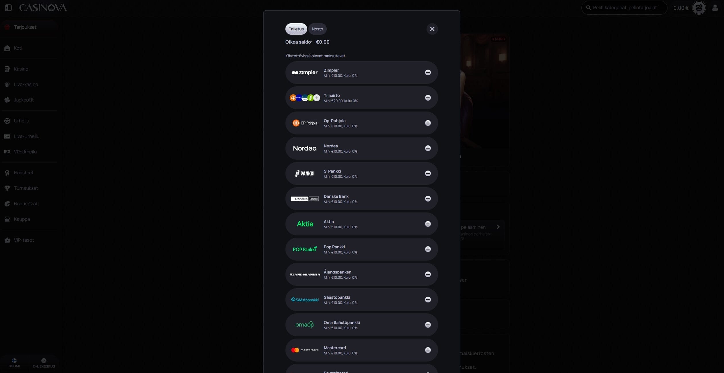 Casinova Kasinon maksutavat