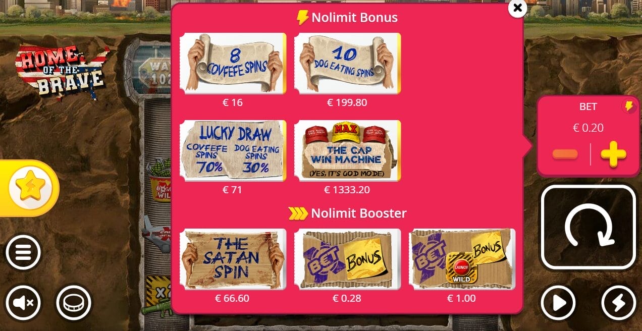 Home of the Brave -kolikkopelin bonusostojen vaihtoehdot ja hinnat listattuna. Näkyvillä eri bonuspelit kuten Covfefe Spins ja Dog Eating Spins sekä niiden hinnat panoskertoimina.