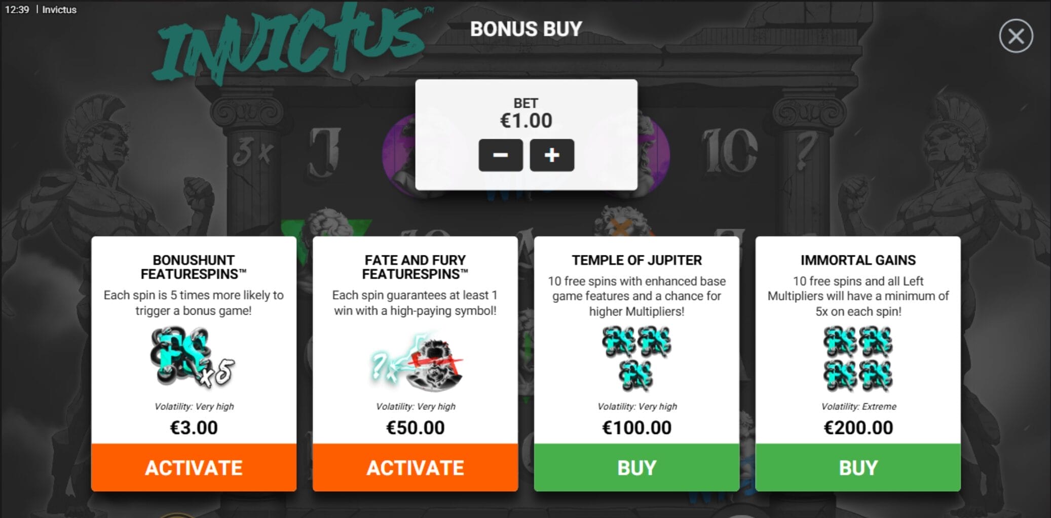 Invictus Bonus Buy ominaisuudet ja hinnat euron panoksella