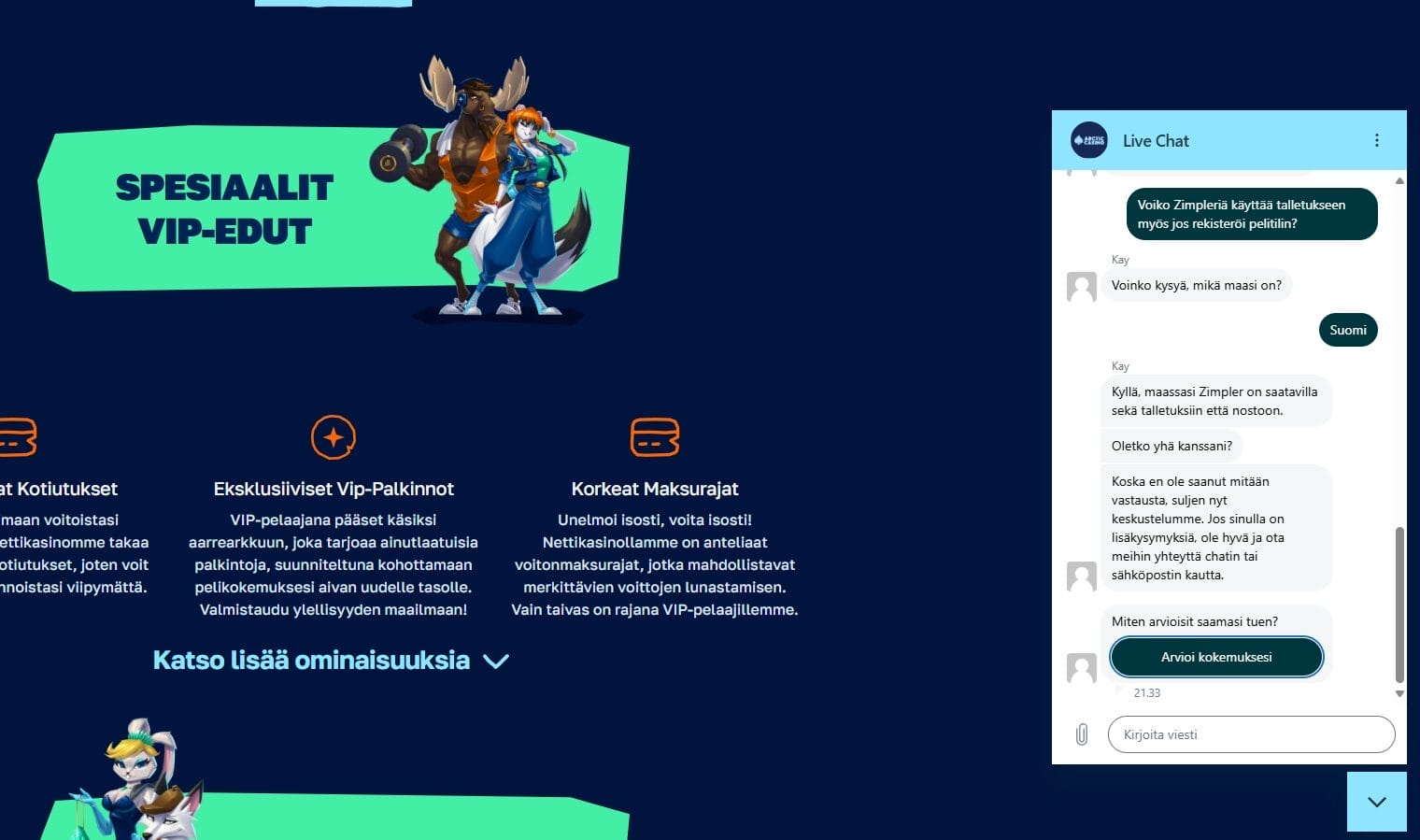 Keskustelu Arctic Casinon asiakaspalvelun kanssa live chatin välityksellä