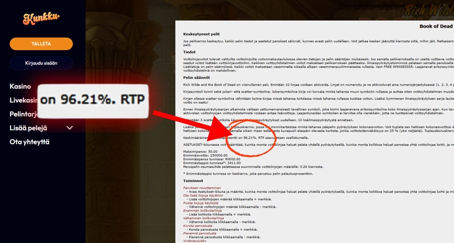 Kunkku kasinon Book of Dead kolikkopelin palautusprosentin tarkistaminen