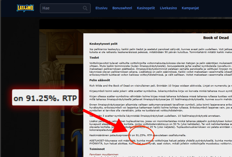 Lataamo Kasinon Book of Dead kolikkopelin palautusprosentin tarkistaminen