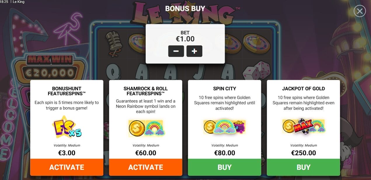Le King kolikkopelin bonus buy ominaisuudet