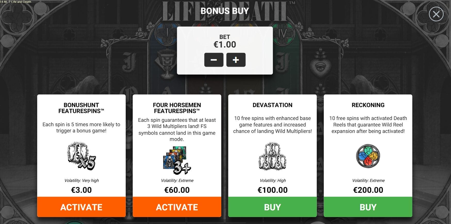 Life and Death Hacksaw Gaming kolikkopelin Bonus Buy vaihtoehdot
