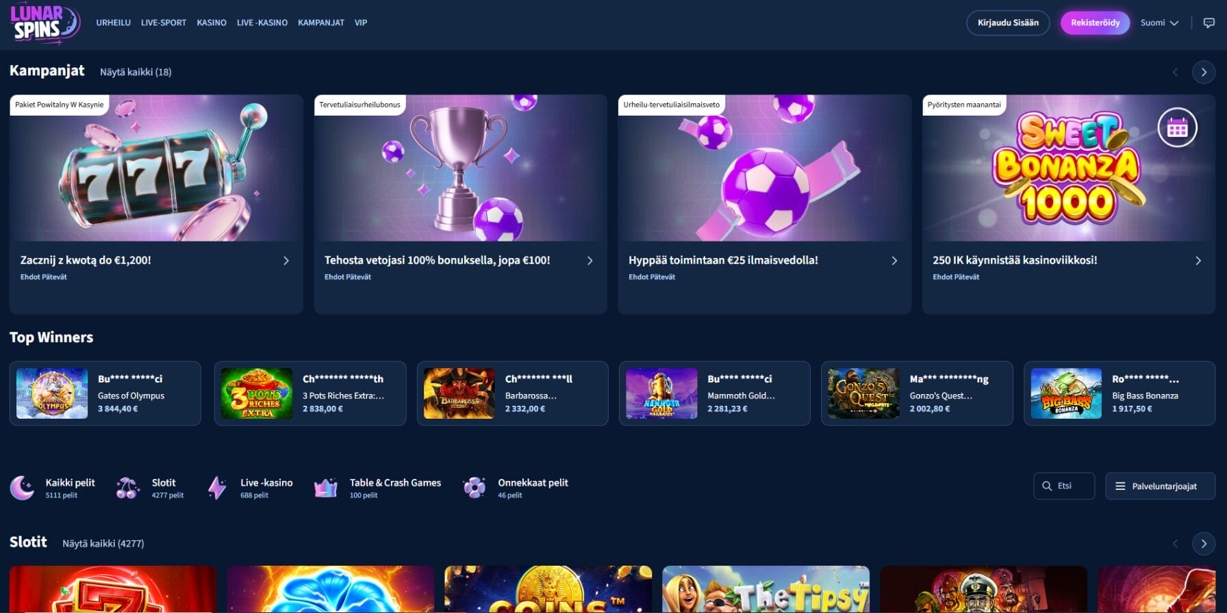 Lunar Spins casinon ulkoasu