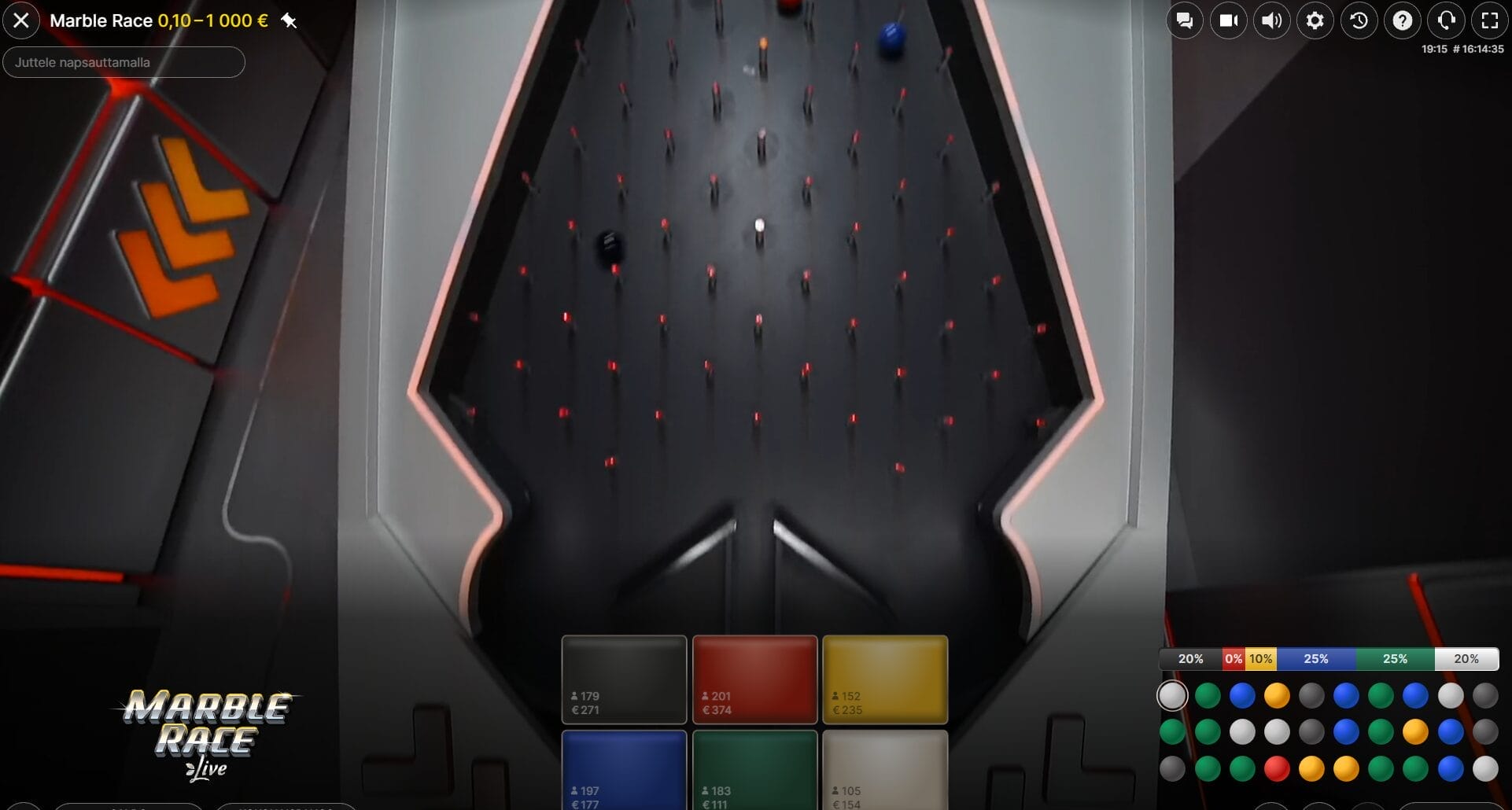 Marble Race pelikierroksen lopussa olevat tapit