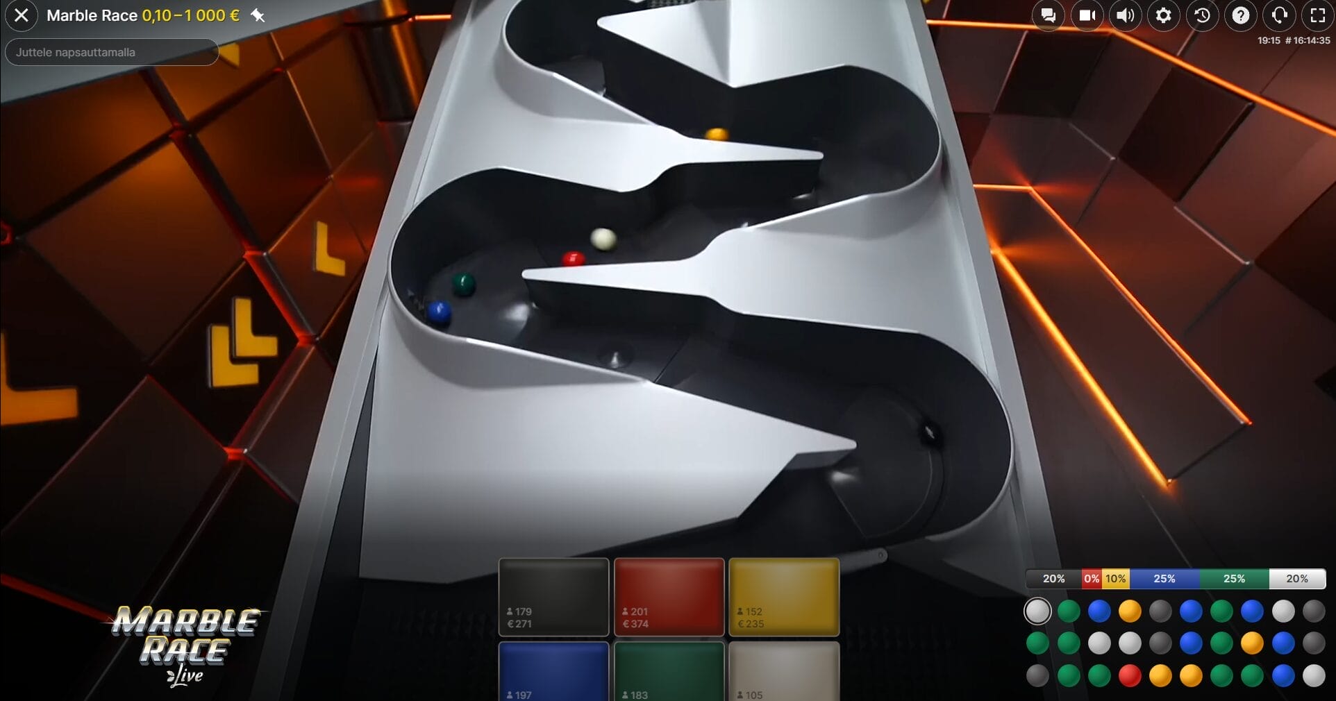 Marble Race pelikierroksen alussa oleva kaukalo