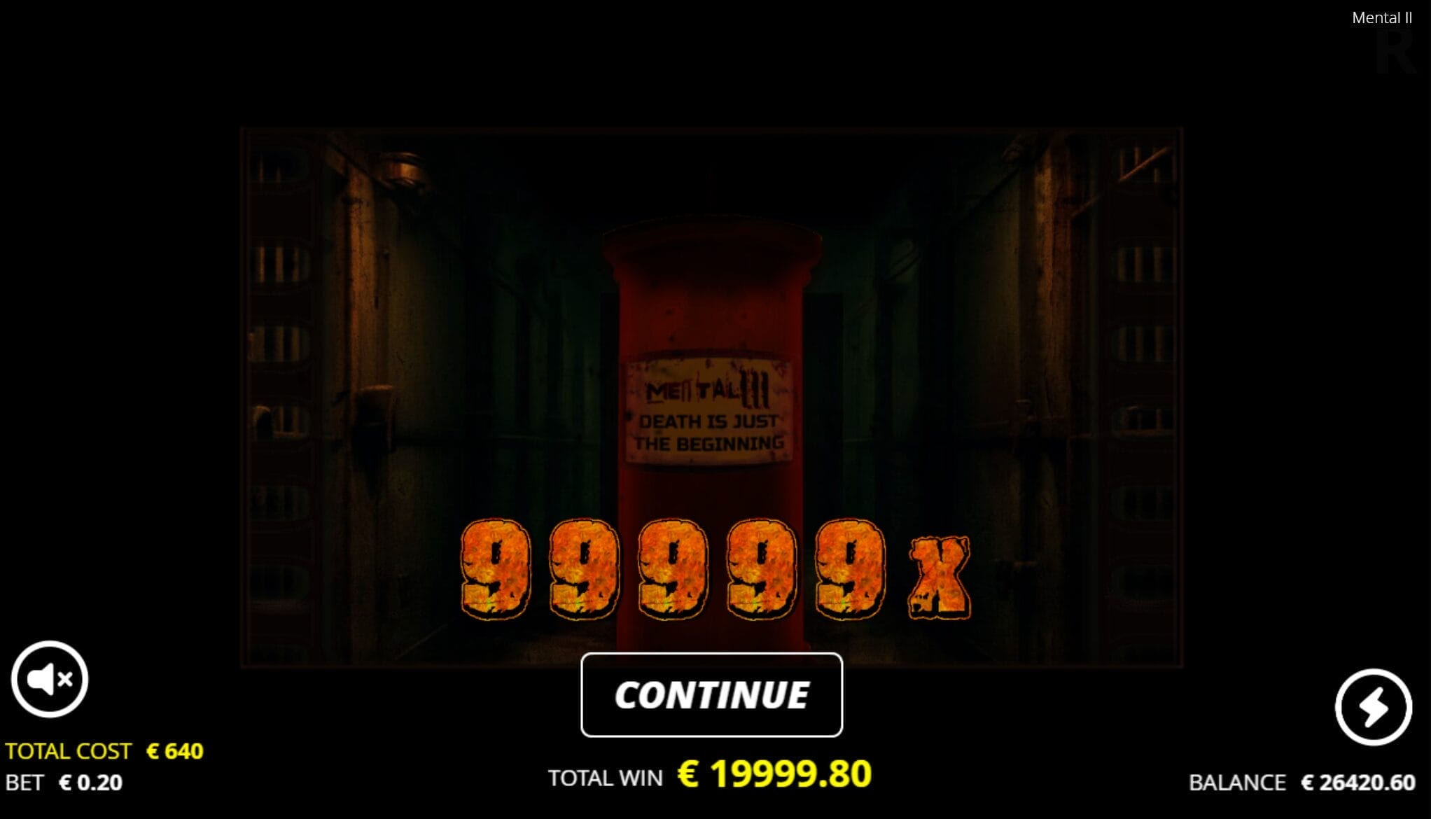 Tältä näyttää peliruutu kun voitat Nolimit Cityn Mental 2 -pelistä päävoiton 99 999x