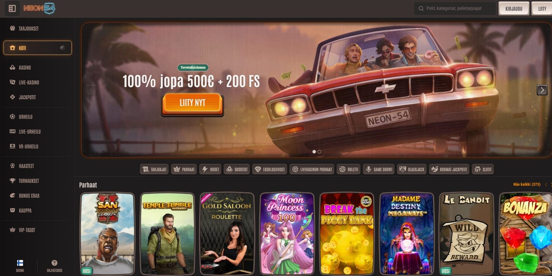 Neon54 casinon ulkoasu