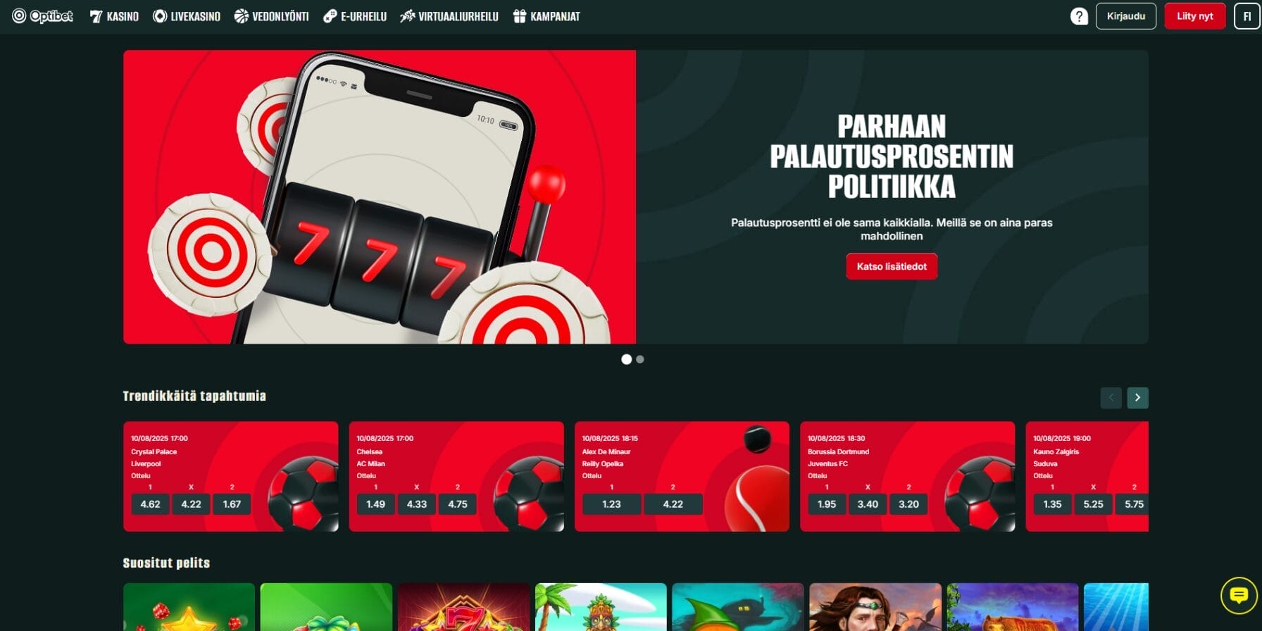 Optibet Casinon ulkoasu