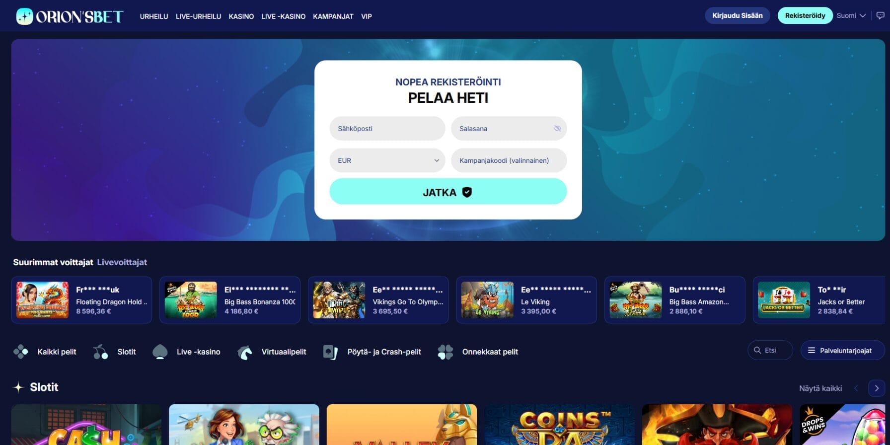 Orionsbet Casinon ulkoasu