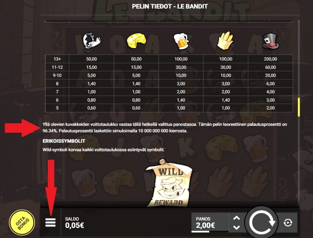 Esimerkki palautusprosentin tarkistamisesta Hacksaw Gaming pelissä