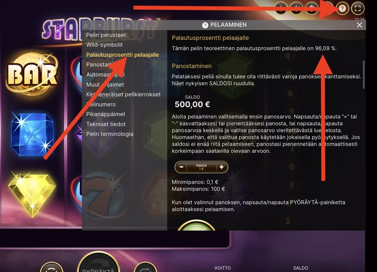 Ohjeistus palautusprosentin tarkastamisesta NetEntin peleissä