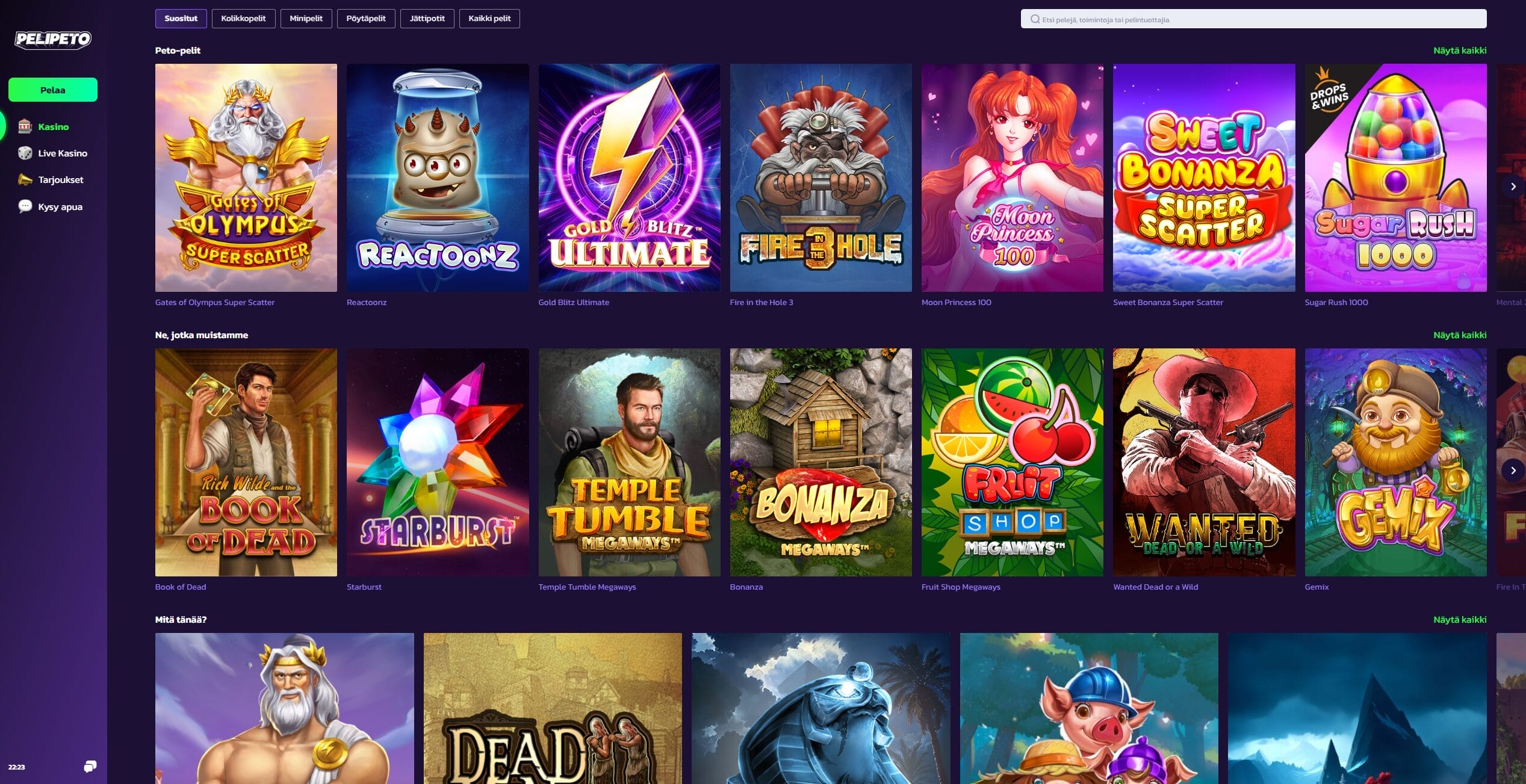 Pelipeto Casinon ulkoasu