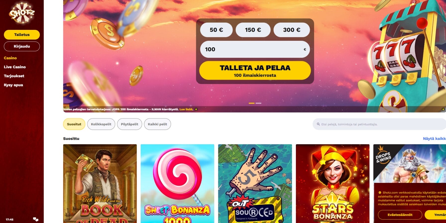 Shotz casinon ulkoasu