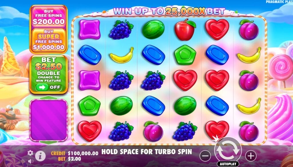 Värikkäitä karkkeja ja hedelmiä peliruudulla