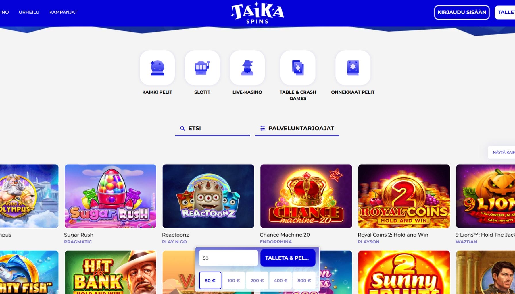 Taikaspins Casinon ulkoasu