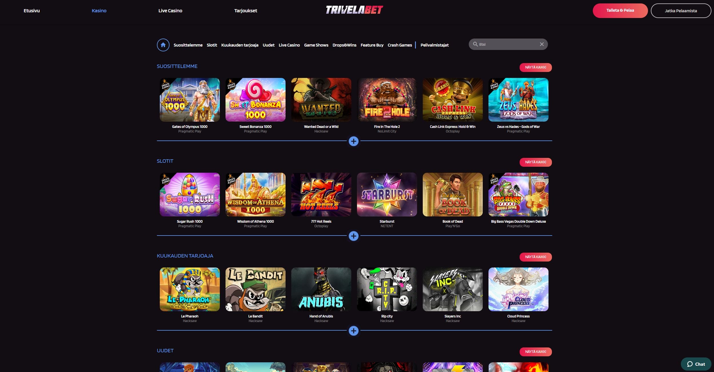 Trivelabet Casinon ulkoasu