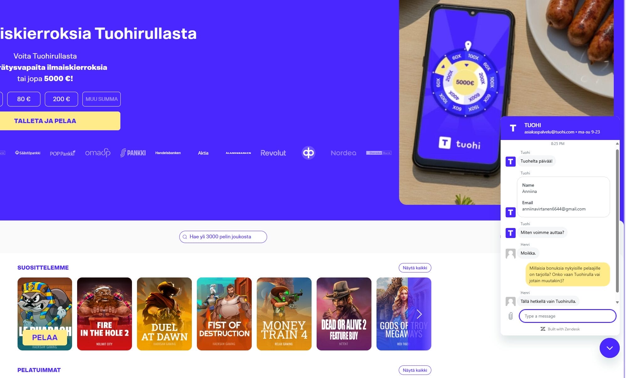 Tuohi Casinon asiakaspalvelu vastasi sekunneissa