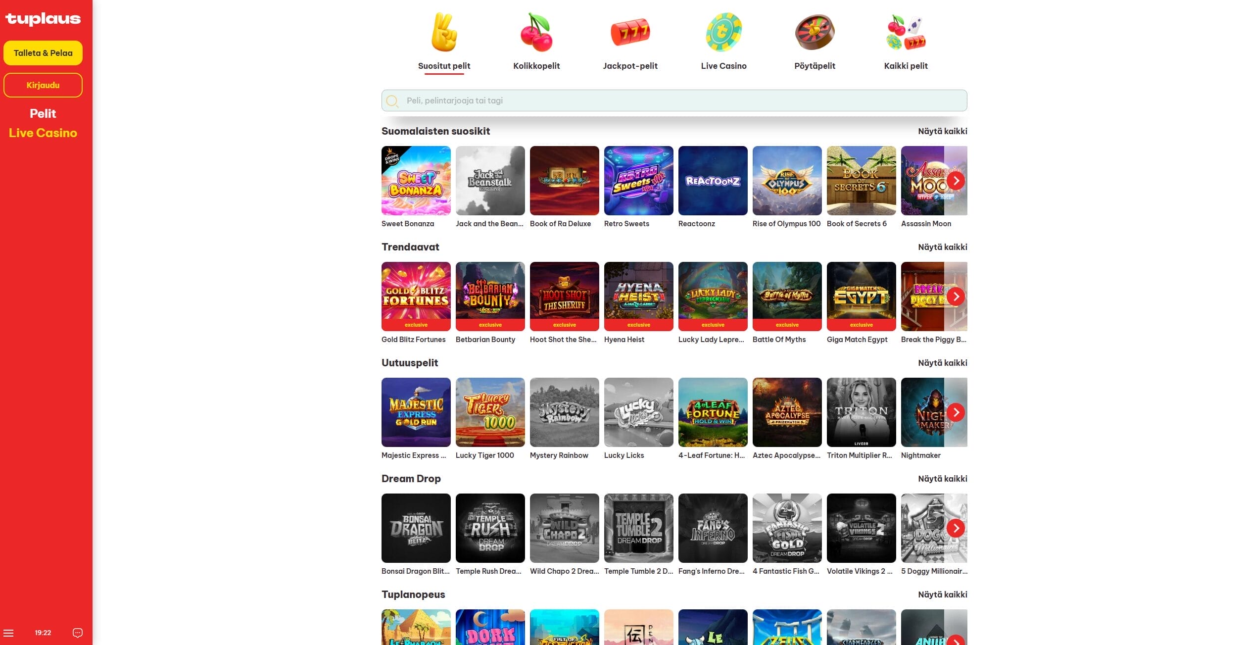 Tuplaus nettikasinon pelivalikoimaa