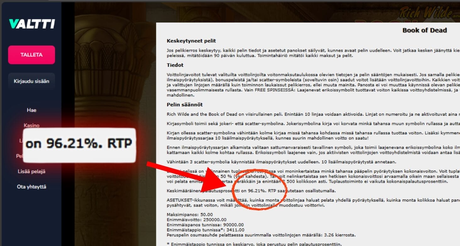 Valtti kasinon Book of Dead kolikkopelin palautusprosentin tarkistaminen