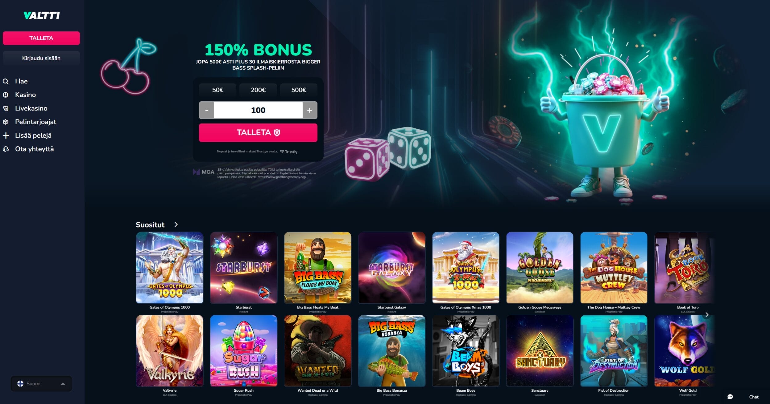 Valtti Kasinon etusivun ulkoasu